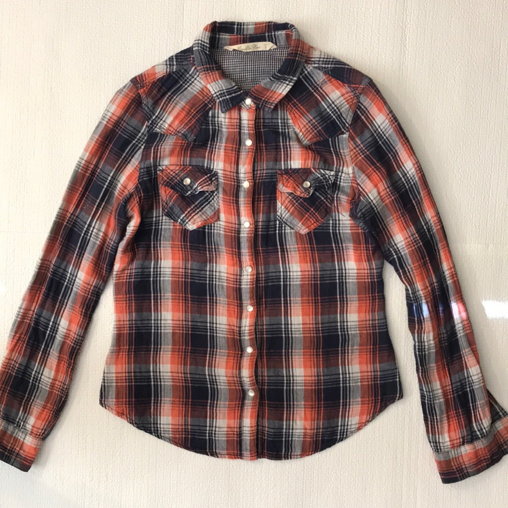 Blue, orange, grey, and white flannel